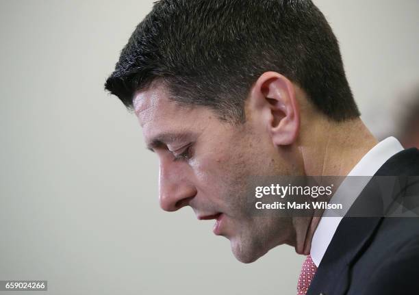 House Speaker Paul Ryan speaks during a media briefing after attending a closed House Republican conference, on Capitol Hill, on March 28, 2017 in...