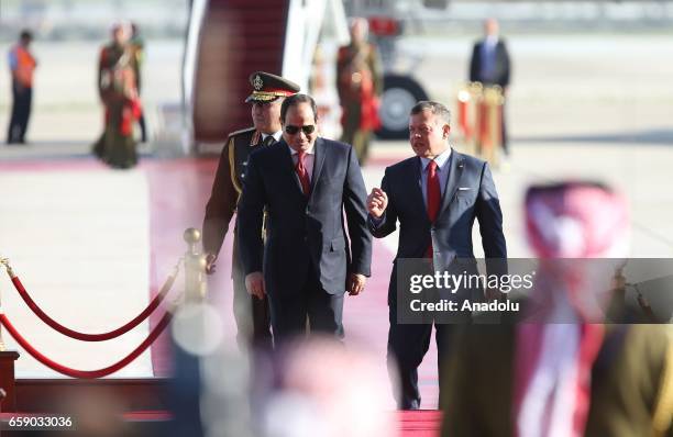 Egyptian President Abdel Fattah el-Sisi is welcomed by Jordanian King Abdullah II bin Al-Hussein with an official ceremony at Queen Alia...