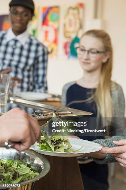 man hand serving salad to students in canteen school, bavaria, germany - selbstbedienung stock-fotos und bilder