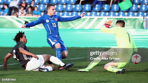 Etienne Amenyido of Germany celebrates his team's fourth goal past Branislav Susolik and goalkeeper Martin Vantruba of Slovakia during the UEFA Elite...