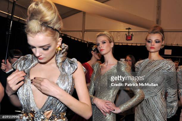 Backstage, Lily Donaldson, Racquel Zimmerman and Magdalena Frackowiak attend ZAC POSEN Fall 2009 Collection at The Tent on February 19, 2009 in New...