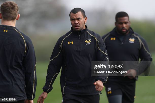 Kurtley Beale looks on during the Wasps training session at Broadstreet RFC on March 28, 2017 in Coventry, England.