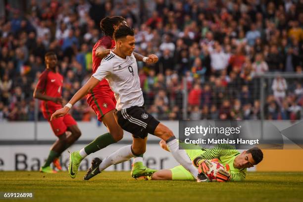 Davie Selke of Germany and Joel Pereira goal keeper of Portugal battle for the ball during the U21 International Friendly match between Germany U21...