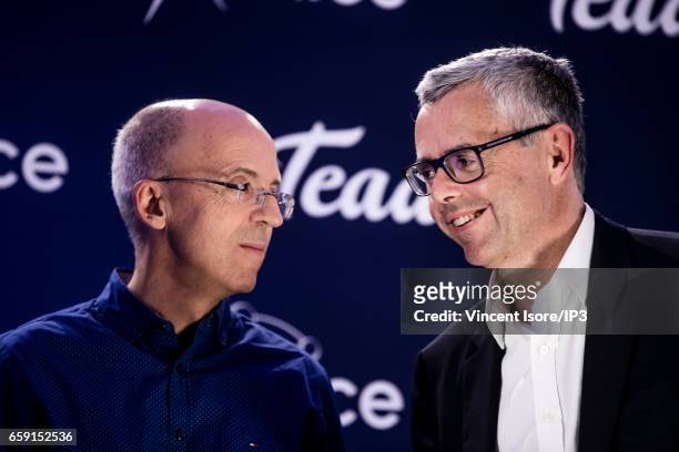 Michel Combes and 'Teads' Cofounder Pierre Chappaz attend an Altice Group's press conference to confirm the purchase of ad tech company 'Teads' on...