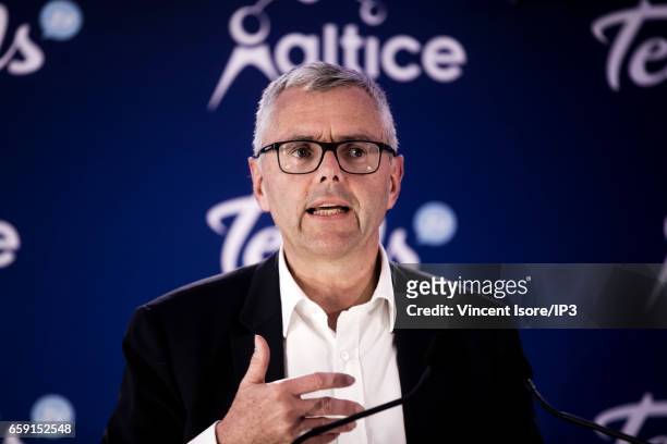 Michel Combes attends an Altice Group's press conference to confirm the purchase of ad tech company 'Teads' on March 21, 2017 in Paris, France....