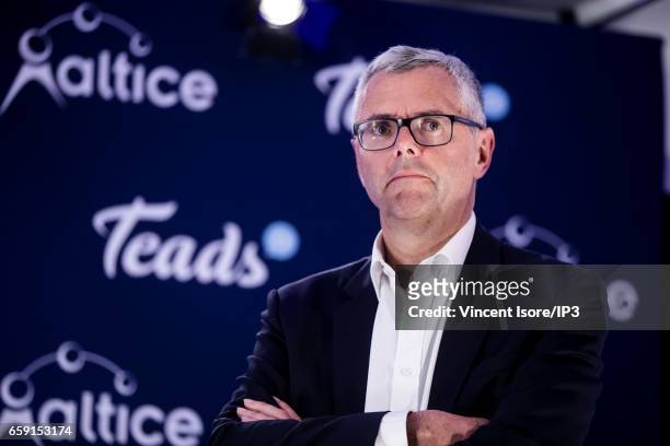Michel Combes attends an Altice Group's press conference to confirm the purchase of ad tech company 'Teads' on March 21, 2017 in Paris, France....