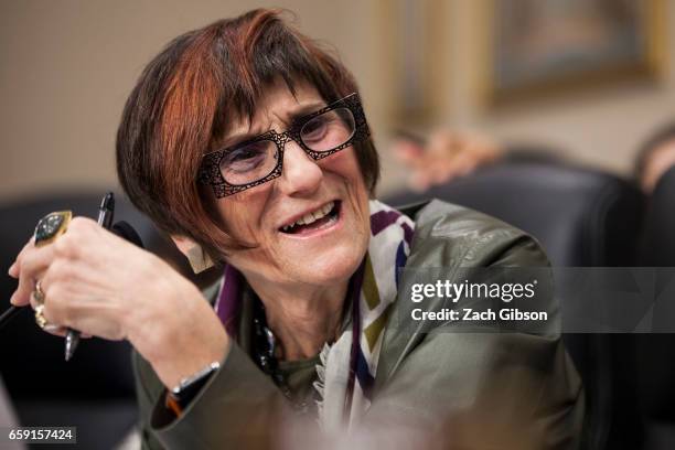Ranking subcommittee member Rep. Rosa DeLauro speaks during hearings on President Donald Trump's first budget attended by Patricia de Stacy Harrison,...