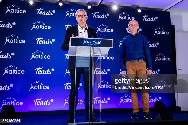 Michel Combes and 'Teads' Cofounder Pierre Chappaz attend an Altice Group's press conference to confirm the purchase of ad tech company 'Teads' on...