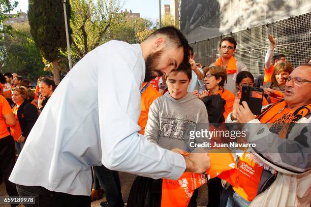 Bojan Dubljevic, #14 of Valencia Basket signs a shirt as he arrives to the arena prior the 2016-2017 7Days Eurocup Finals Leg 1 Valencia Basket v...