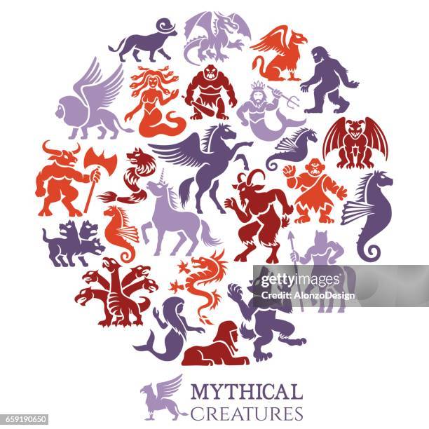 mythical creatures collage - cerberus mythical creature stock illustrations