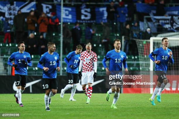 Domagoj Vida of Croatia looks dejected after Konstantin Vassilijev of Estonia scores during international friendly between Estonia and Croatia at A....