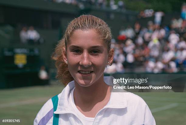 Yugoslavian tennis player Monica Seles pictured during competition to reach the fourth round of the Women's Singles tournament at the Wimbledon Lawn...