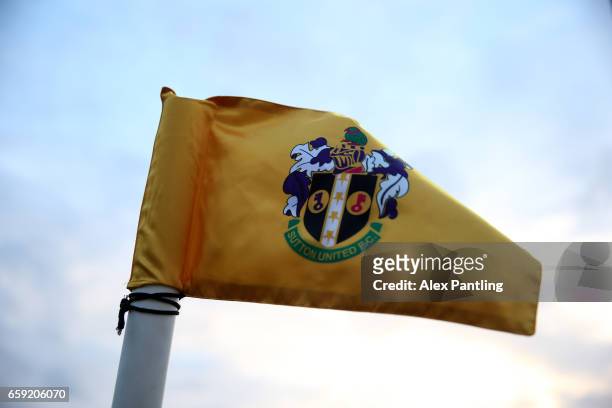 Close up of the corner flag prior to the Vanarama National League match between Sutton United and Lincoln City at Gander Green Lane on March 28, 2017...