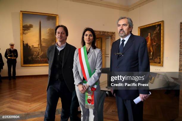 The Mayor of Rome Virginia Raggi, Deputy Mayor Luca Bergamo, Superintendent of Cultural Heritage of Rome Claudio Parisi Presicce at Palazzo Braschi.