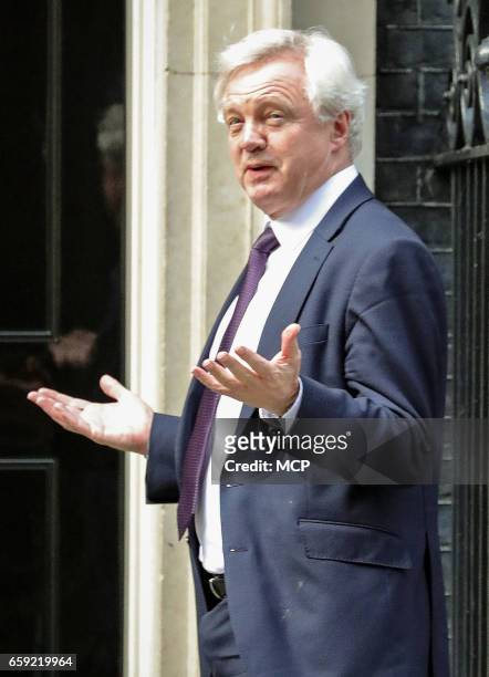 British Secretary of State for Exiting the European Union arrives outside 10 Downing Street on March 28, 2017 in London, England.