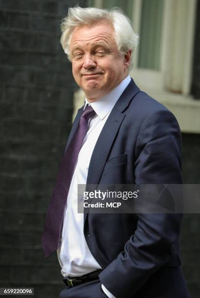 British Secretary of State for Exiting the European Union arrives outside 10 Downing Street on March 28, 2017 in London, England.