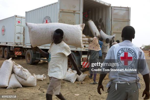 Scene in Abathok village during an International Committee of the Red Cross distribution of seeds, agricultural tools and food staples to households...