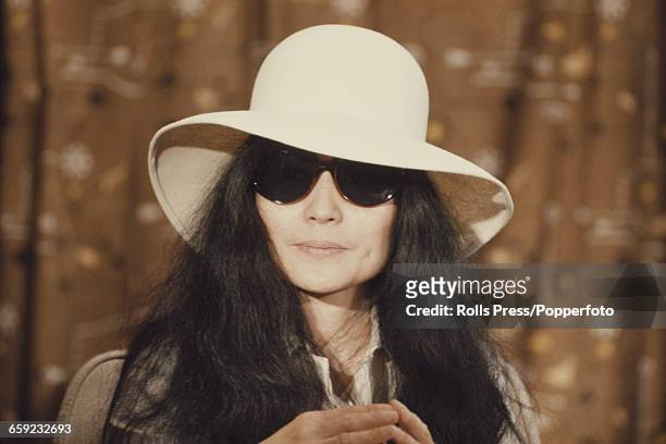 Japanese artist and wife of John Lennon, Yoko Ono posed at a press conference at Heathrow airport in London on 1st April 1969.