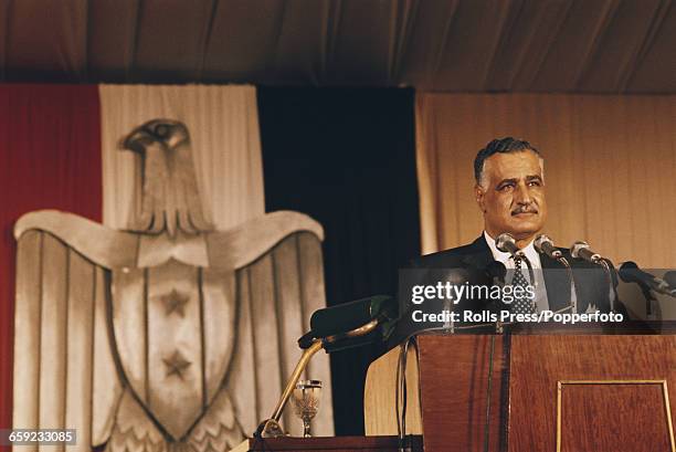 President of Egypt, Gamel Abdel Nasser pictured making a speech at the Abu Zaabal steelworks near Cairo in Egypt on 1st May 1970.