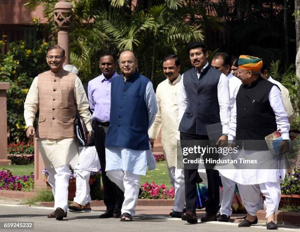 Finance Minister, Minister of Corporate Affairs Arun Jaitley with other Ministers arrives to attend the Parliament Budget Session after the BJP...