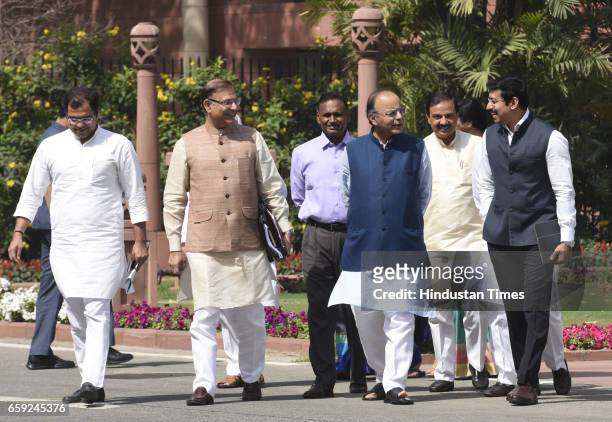 Finance Minister, Minister of Corporate Affairs Arun Jaitley with other Ministers arrives to attend the Parliament Budget Session after the BJP...