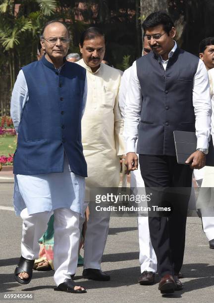 Finance Minister, Minister of Corporate Affairs Arun Jaitley with other Ministers arrives for attending the Parliament Budget Session after theBJP...