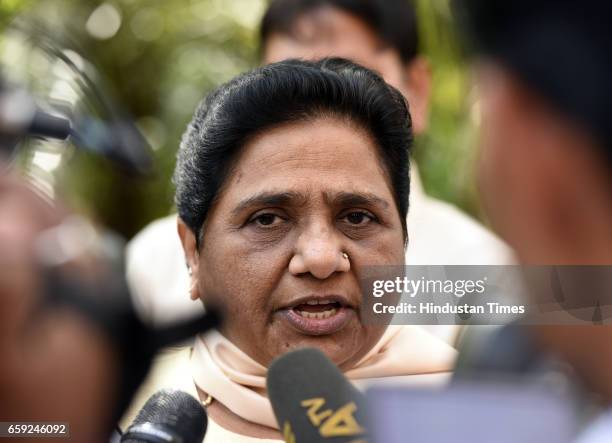 Chief Mayawati talking to media persons during the Parliament Budget Session part-2 on March 28, 2017 in New Delhi, India. The government has listed...