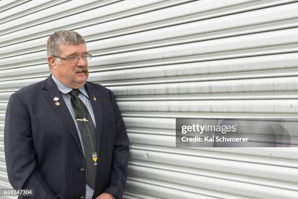National President BJ Clark poses in front of the Royal New Zealand Returned and Services' Association Poppy Factory on March 27, 2017 in...