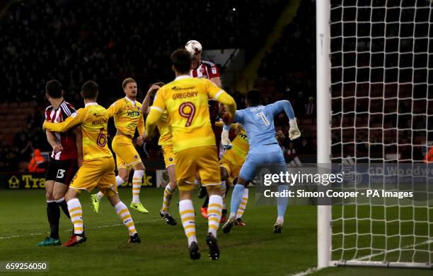 Sheffield United's Jack O'Connell scores his side's first goal of the game during the Sky Bet League One match at Bramall Lane, Sheffield.