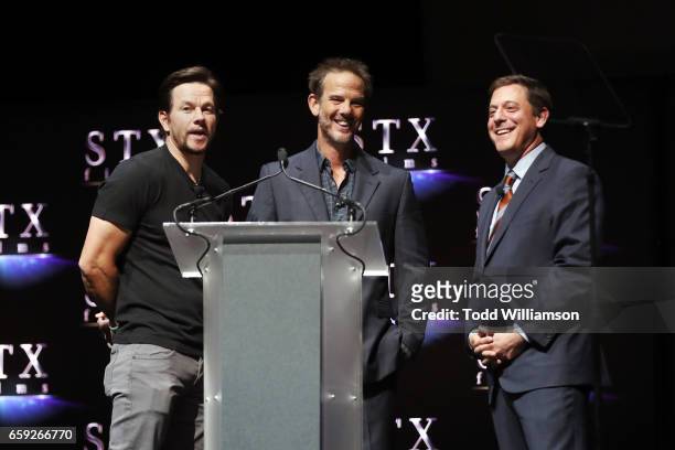Actor Mark Wahlberg, director Peter Berg and STX Films Chairman Adam Fogelson speak onstage at CinemaCon 2017 The State of the Industry: Past,...