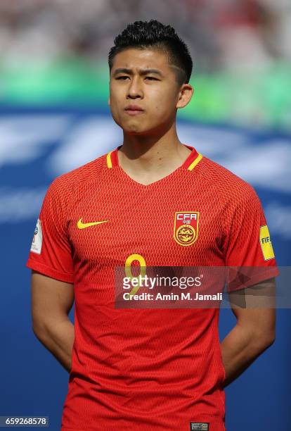 Zhang Yuning looks on during Iran against China PR - FIFA 2018 World Cup Qualifier on March 28, 2017 in Tehran, Iran.