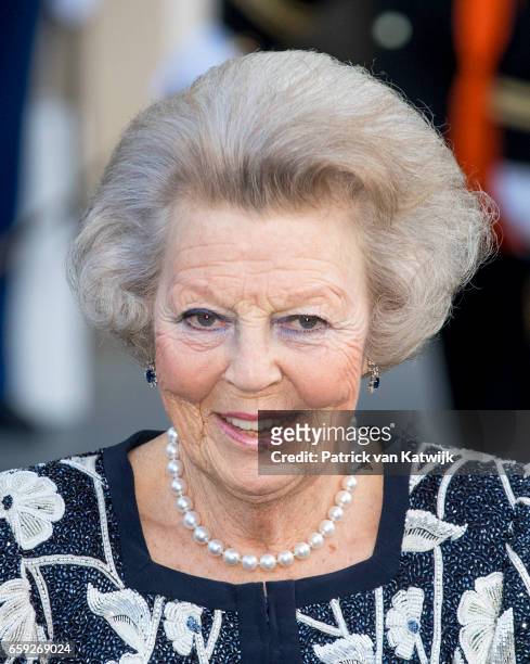 Princess Beatrix of The Netherlands after the ballet performance offered by the President of Argentie at theater Dilligentia on March 28, 2017 in The...
