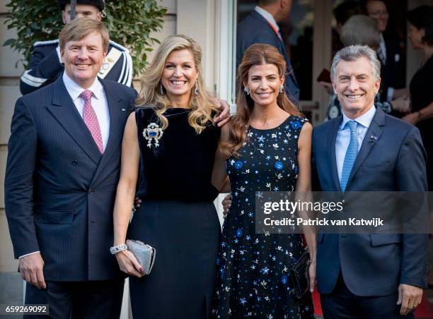 President Mauricio Macri and his wife Juliana Awada say goodbye to King Willem-Alexander and Queen Maxima of The Netherlands after the ballet...