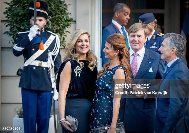 President Mauricio Macri and his wife Juliana Awada say goodbye to King Willem-Alexander and Queen Maxima of The Netherlands after the ballet...