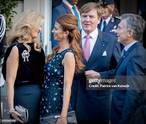 President Mauricio Macri and his wife Juliana Awada say goodbye to King Willem-Alexander and Queen Maxima of The Netherlands after the ballet...