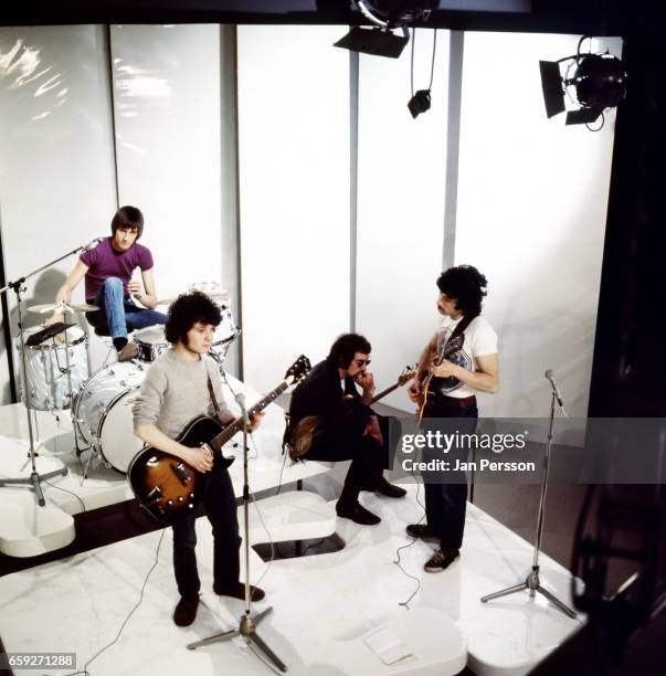 Mick Fleetwood, Jeremy Spencer, John McVie and Peter Green of Fleetwood Mac performing at TV Special Copenhagen, Denmark, May 1968.