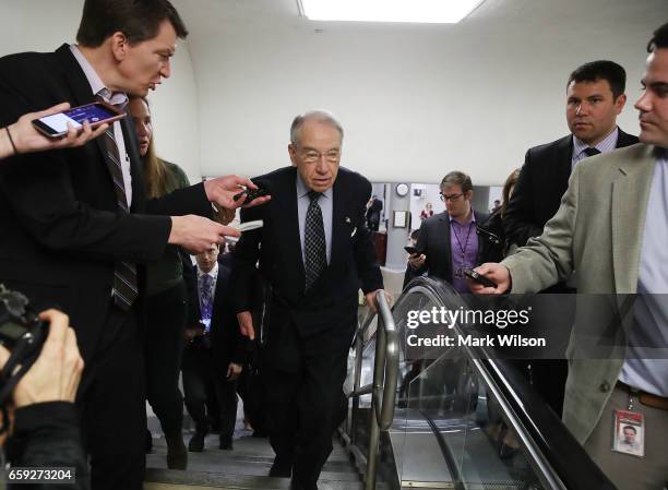 Sen. Chuck Grassley speaks to reporters before attending the Senate Republican policy luncheon, on March 28, 2017 in Washington, DC.