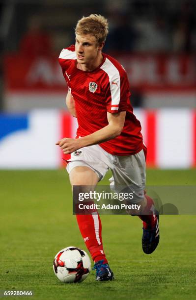 Martin Hinteregger of Austria in action during the Austria v Finland International Friendly match at Tivoli Stadium on March 28, 2017 in Innsbruck,...