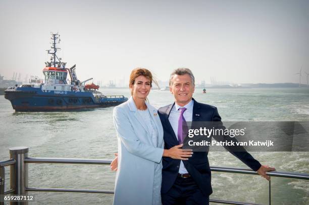 President Mauricio Macri and his wife Juliana Awada of Argentina during an boat trip in the harbor of Rotterdam on March 28, 2017 in Rotterdam, The...