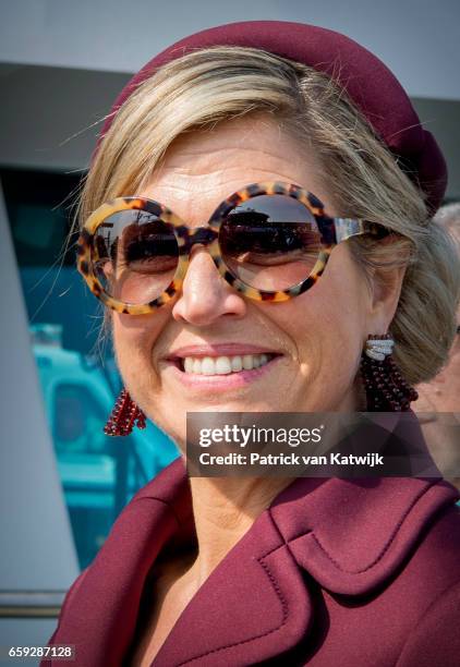 Queen Maxima of The Netherlands during an boat trip in the harbor of Rotterdam on March 28, 2017 in Rotterdam, The Netherlands. The President of...