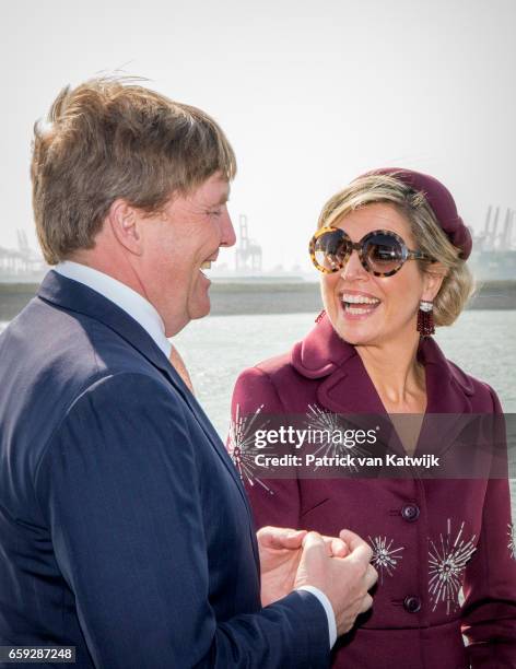 King Willem-Alexander and Queen Maxima of The Netherlands during an boat trip in the harbor of Rotterdam on March 28, 2017 in Rotterdam, The...