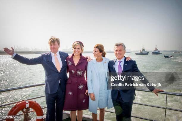 King Willem-Alexander and Queen Maxima of The Netherlands, President Mauricio Macri and his wife Juliana Awada during an boat trip in the harbor of...