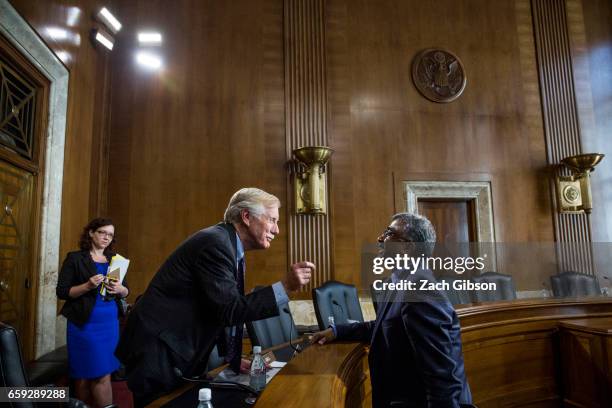 Sen. Angus King speaks to Oak Ridge National Laboratory Director for Science and Technology Thomas Zacharia following a Senate Energy Subcommittee...