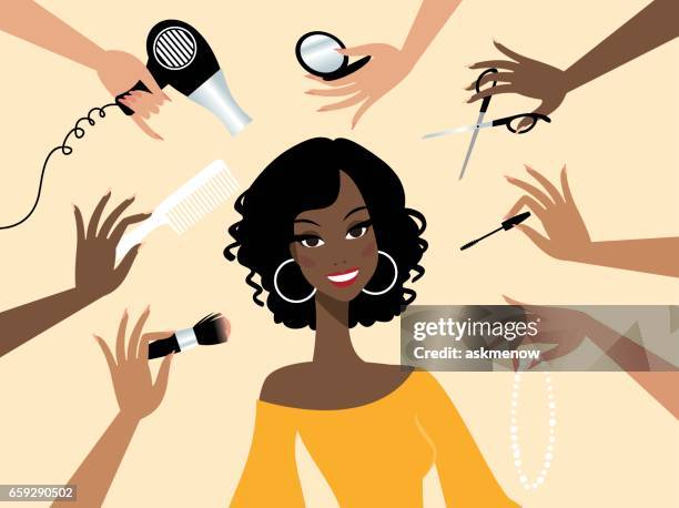 ilustrações de stock, clip art, desenhos animados e ícones de happy dark skin woman in a beauty salon - estilo de cabelo