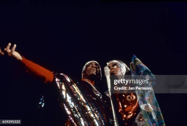 American jazz orchestra leader Sun Ra performing together with singer June Tyson at Berliner Jazz Tage Germany 1970.