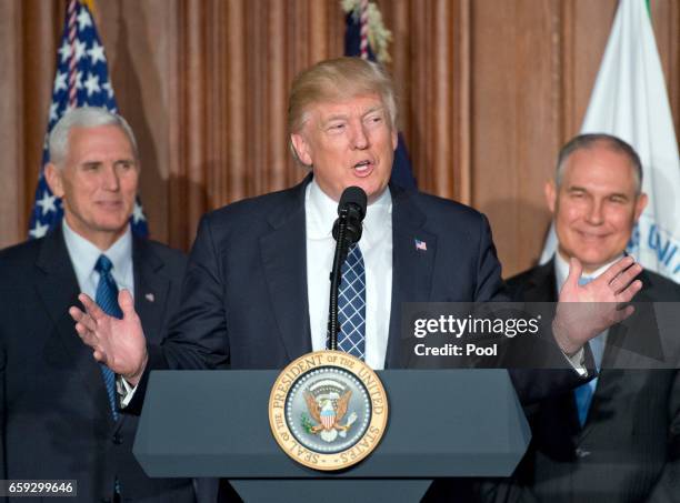 President Donald Trump makes remarks prior to signing an Energy Independence Executive Order at the Environmental Protection Agency Headquarters on...