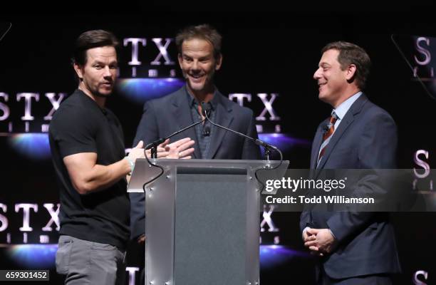 Actor Mark Wahlberg, director Peter Berg, and STX Films Chairman Adam Fogelson speak onstage at CinemaCon 2017 The State of the Industry: Past,...