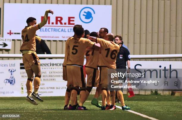 Sutton United's Roarie Deacon celebrates scoring his sides equalising goal to make the score 1-1 during the Vanarama National League match between...