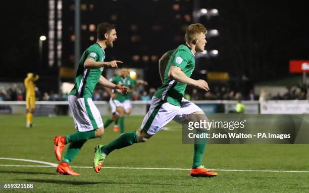 Lincoln City's Elliott Whitehouse celebrates scoring his side's first goal of the game during the Vanarama National League match at Gander Green...
