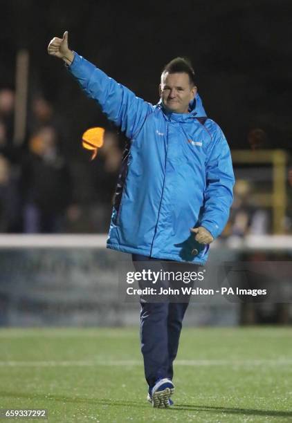 Sutton United manager Paul Doswell acknowledges the fans at the end of the Vanarama National League match at Gander Green Lane, London.